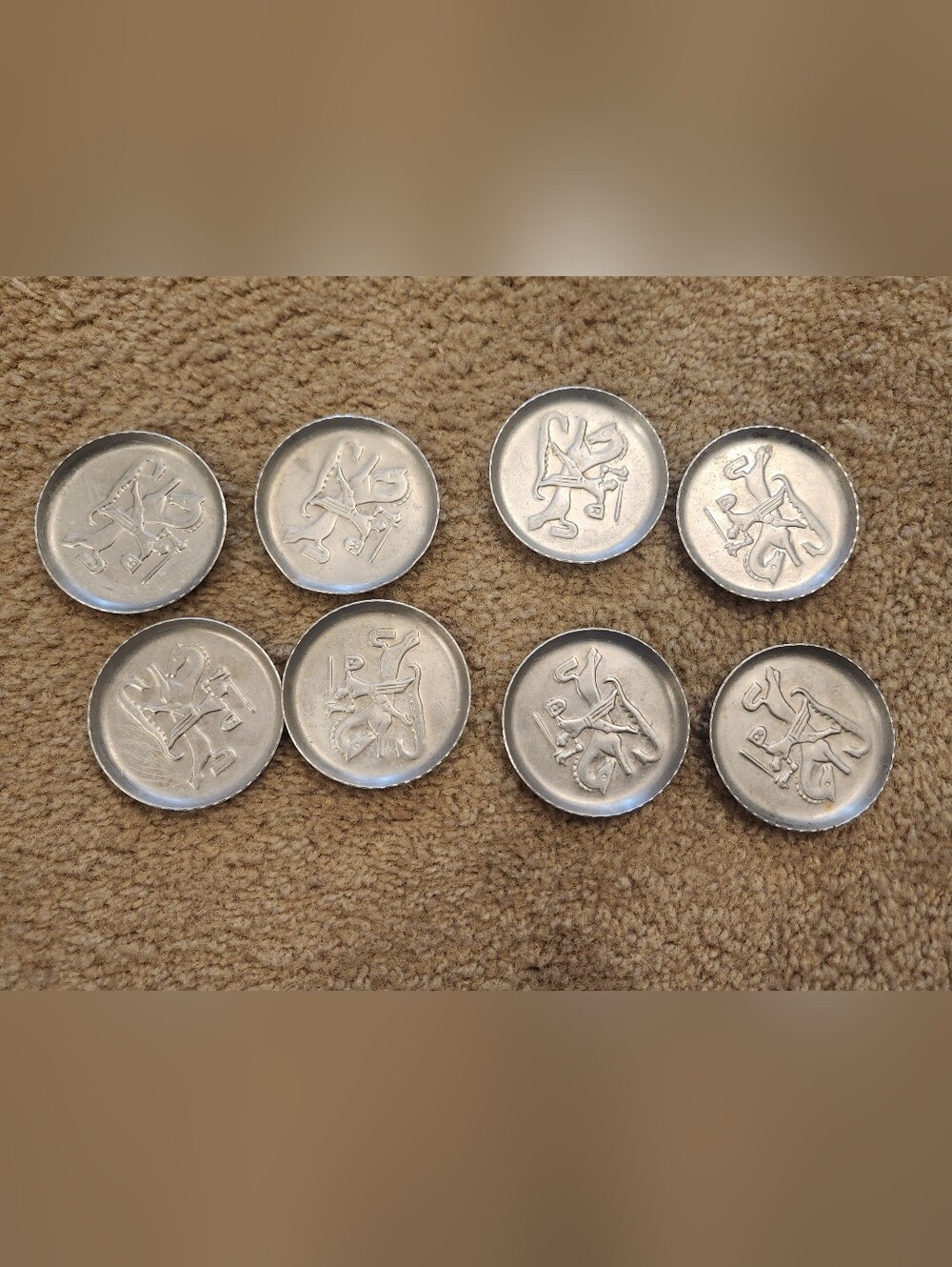 Reynolds Aluminum Coasters Saint George Slays the Dragon Set of 8 Vtg Silver #JJ - Picture 2 of 3